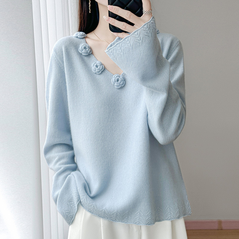 秋冬季立体花朵喇叭袖V领100纯羊毛衫女设计感时尚显白针织打底衫