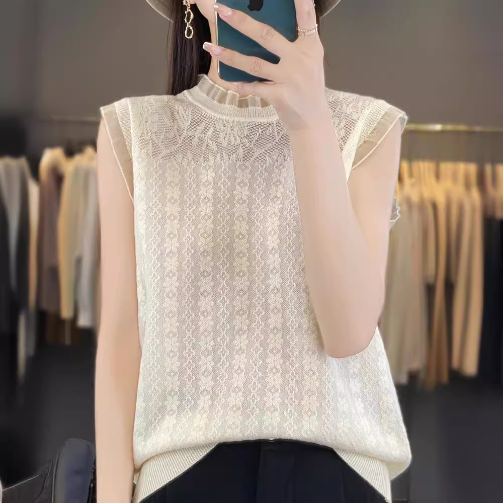 吊带镂空薄款打底衫蕾丝背心上衣2024春夏欧根纱拼接针织背心套头