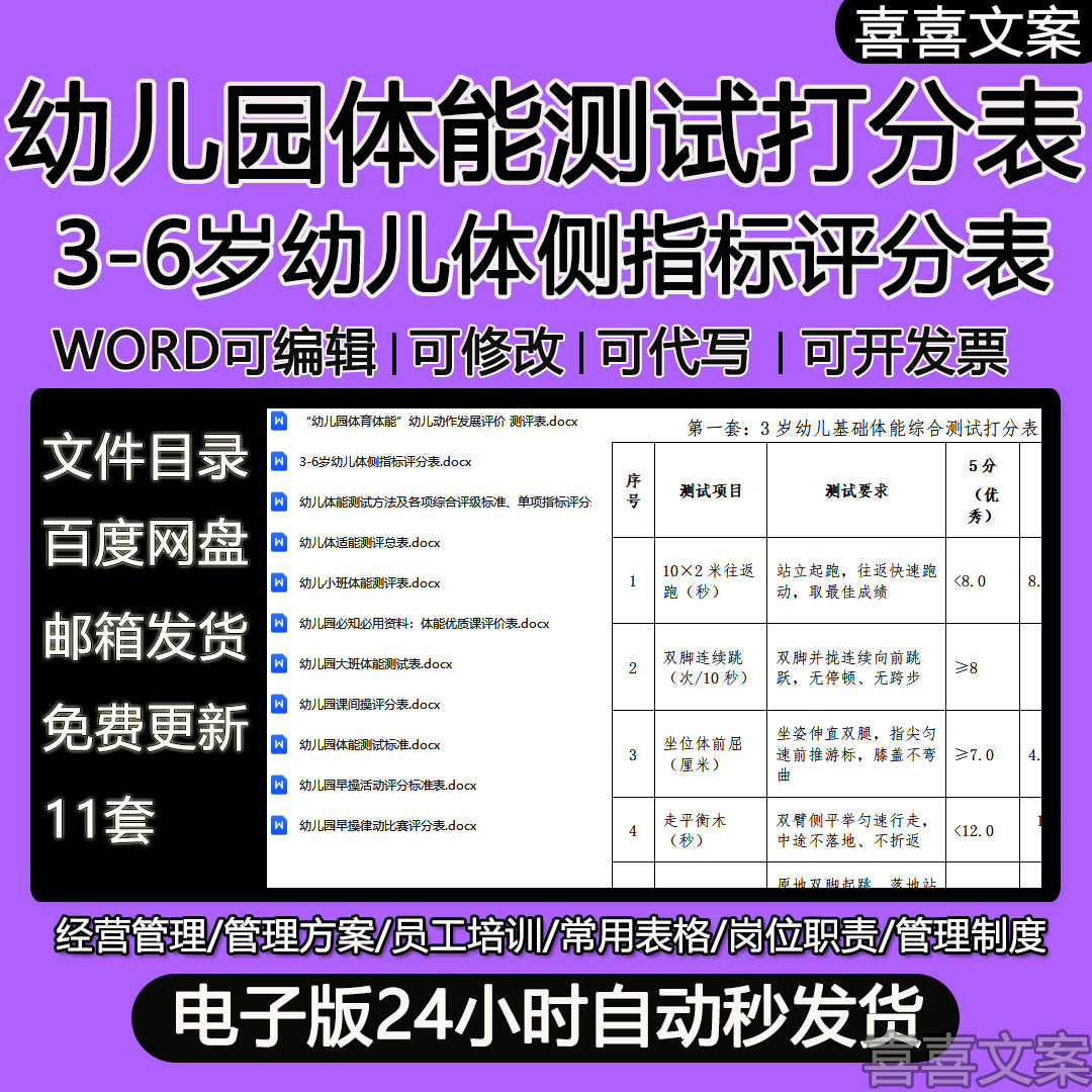 幼儿园体能测试打分表早操活动评分标准3-6岁幼儿体侧指标评分表