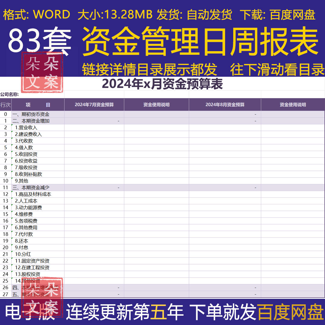 资金日周报表现金付款管理预算收支计划平衡表财务excel表格模版