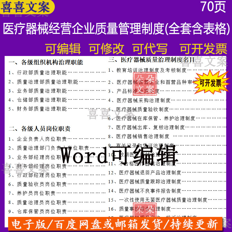 医疗器械经营企业质量管理制度岗位职责全套含表格质量管理文件