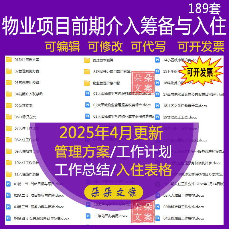 物业项目前期介入筹备与入住实施方案接管验收装修表格管理费预算