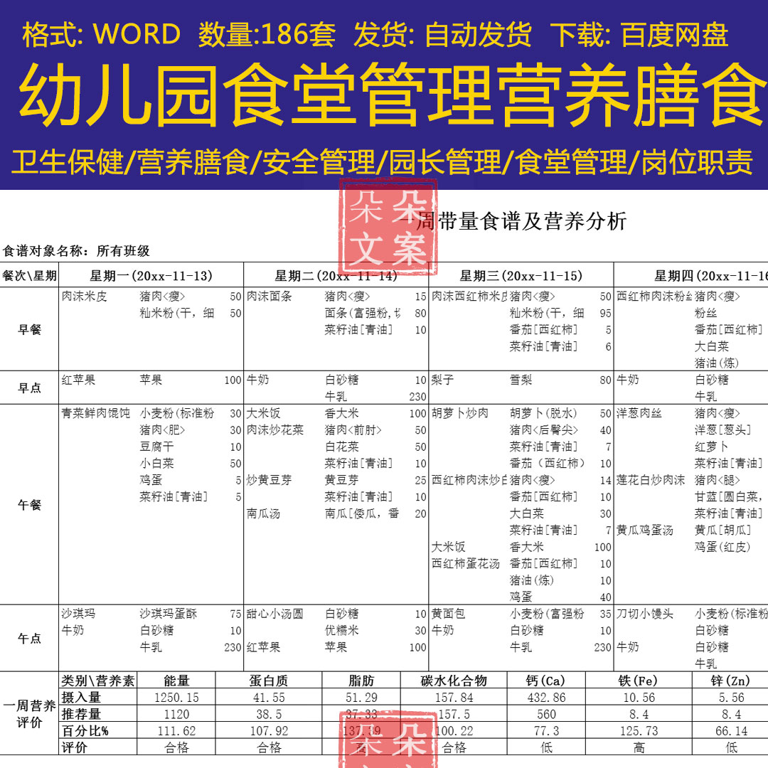 幼儿园营养膳食食堂管理带量不带量食谱一周带量食谱及营养分析表