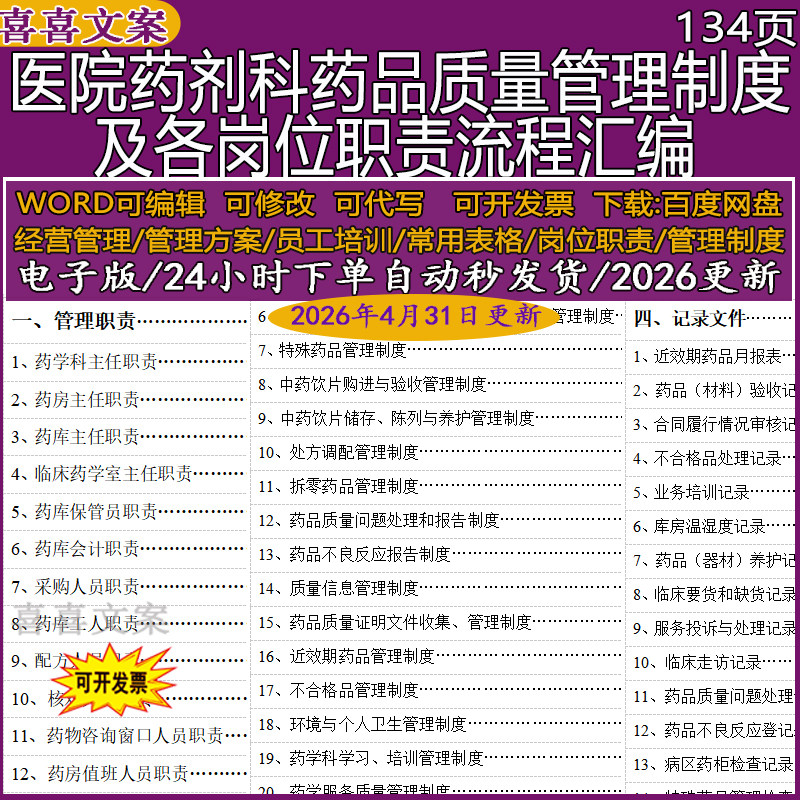 医院药剂科药品质量管理制度各岗位职责流程汇编内部控制风险制度