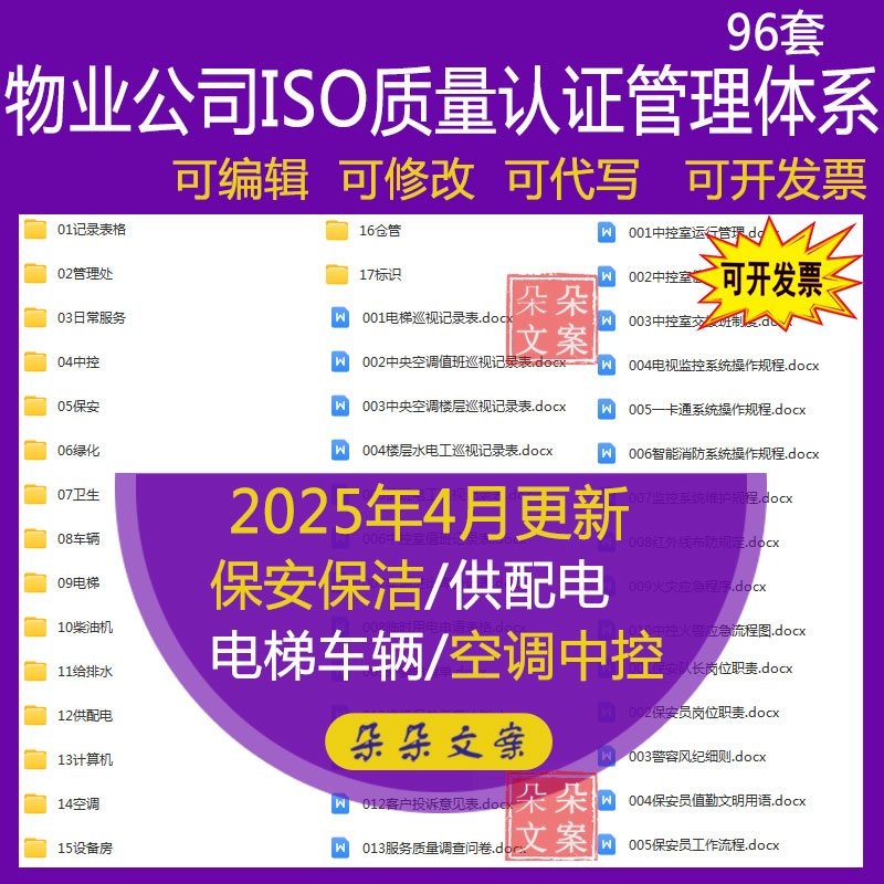 物业公司ISO质量认证管理体系文件巡逻保安保洁绿化中控岗位标准