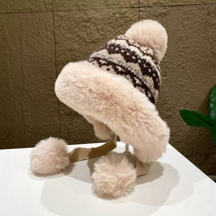 帽子女冬季费尔岛风针织保暖加绒加厚防寒护耳雷锋帽时尚设计