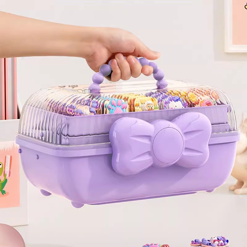 手工整理桌面可爱透明紫色蝴蝶结发饰少女收纳盒旋转儿童咕卡文具