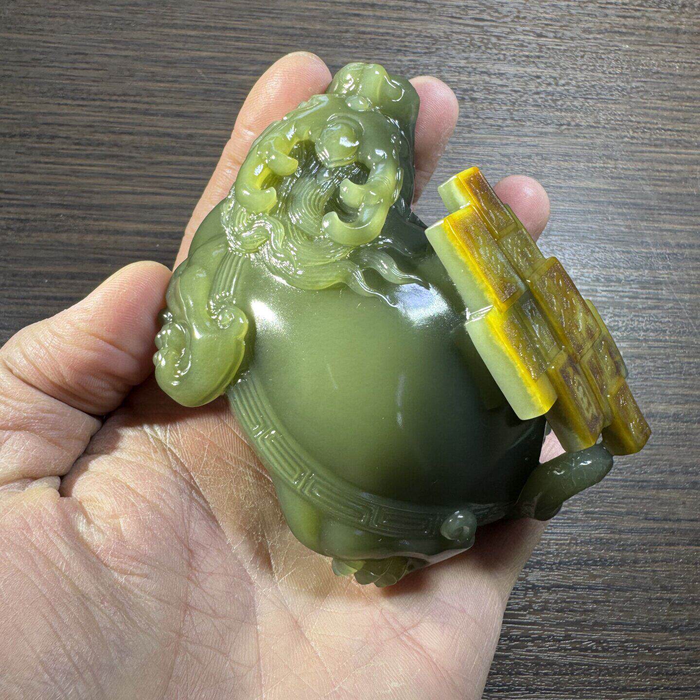 方圆一手自加工 析木河磨玉绿黄龙龟手把件 和田玉定制下单先咨询
