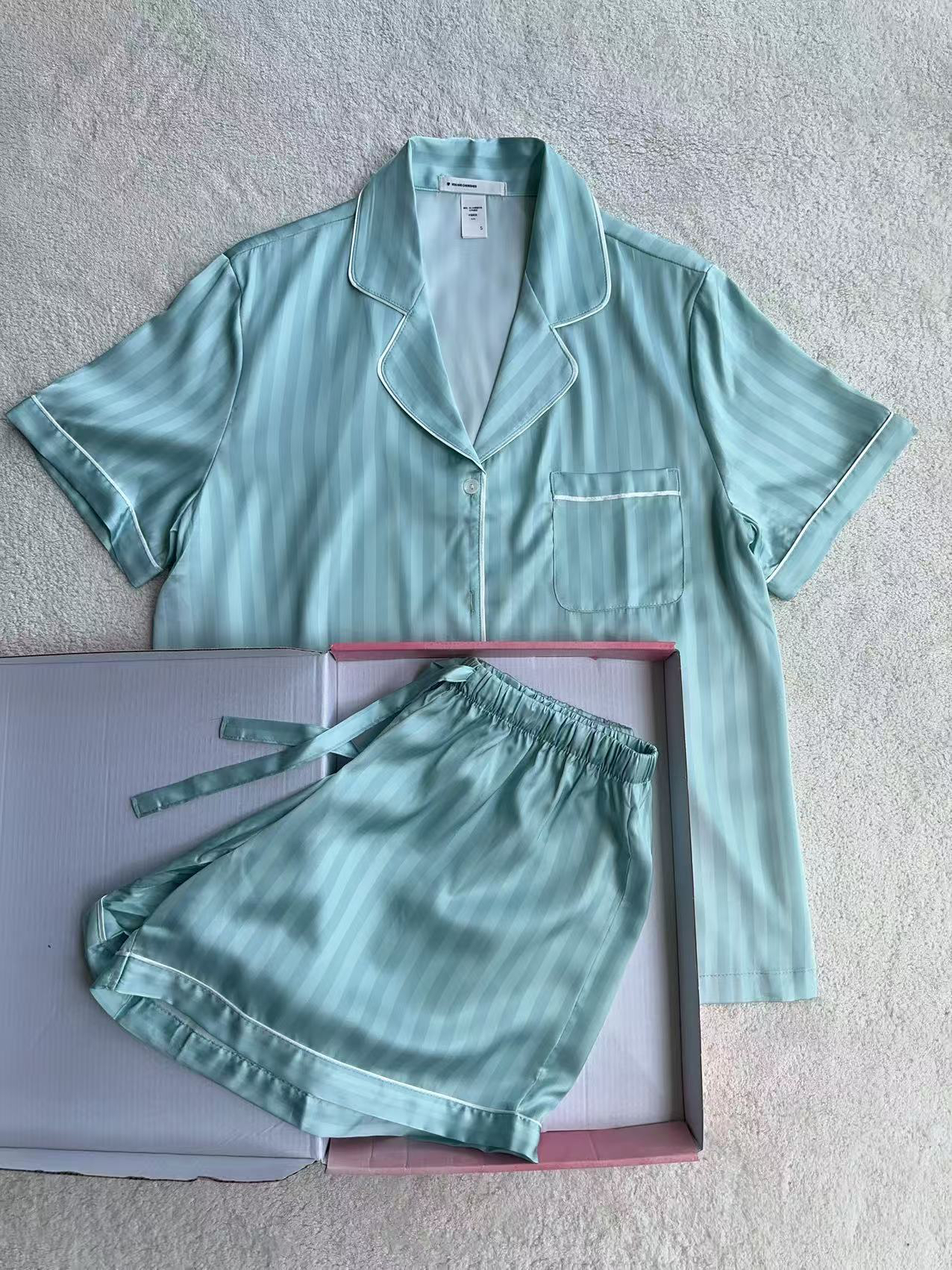 欧美单夏季新款 冰丝缎面女士短袖短裤睡衣家居服套装可外穿包邮