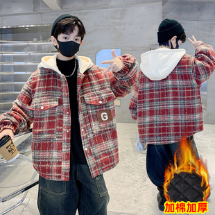 呢子儿童格子 中大童加厚冬季 巴拉巴柆男童夹棉外套秋冬款 2025新款