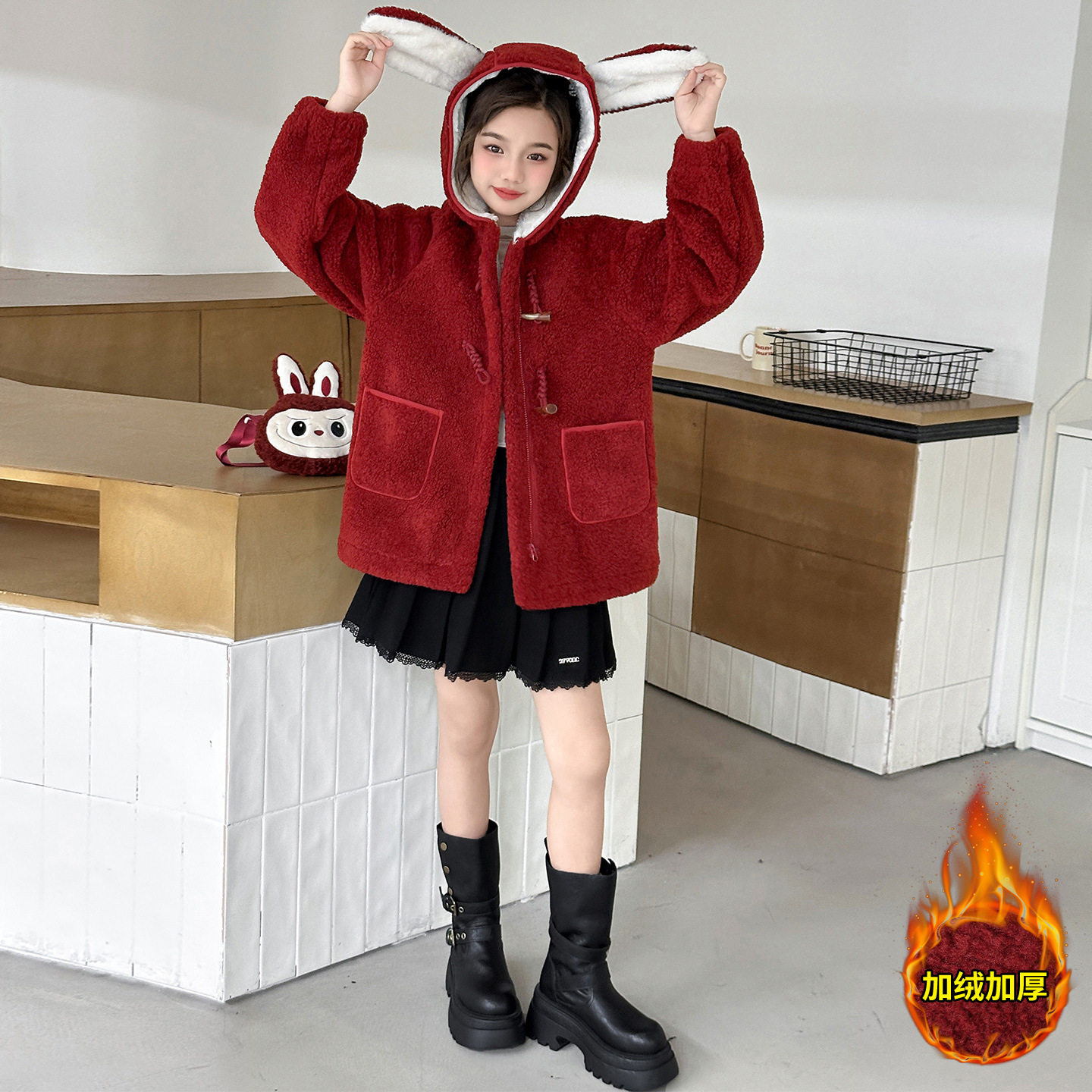 女童毛毛衣外套冬装2025新款儿童加绒加厚保暖连帽上衣新年服装