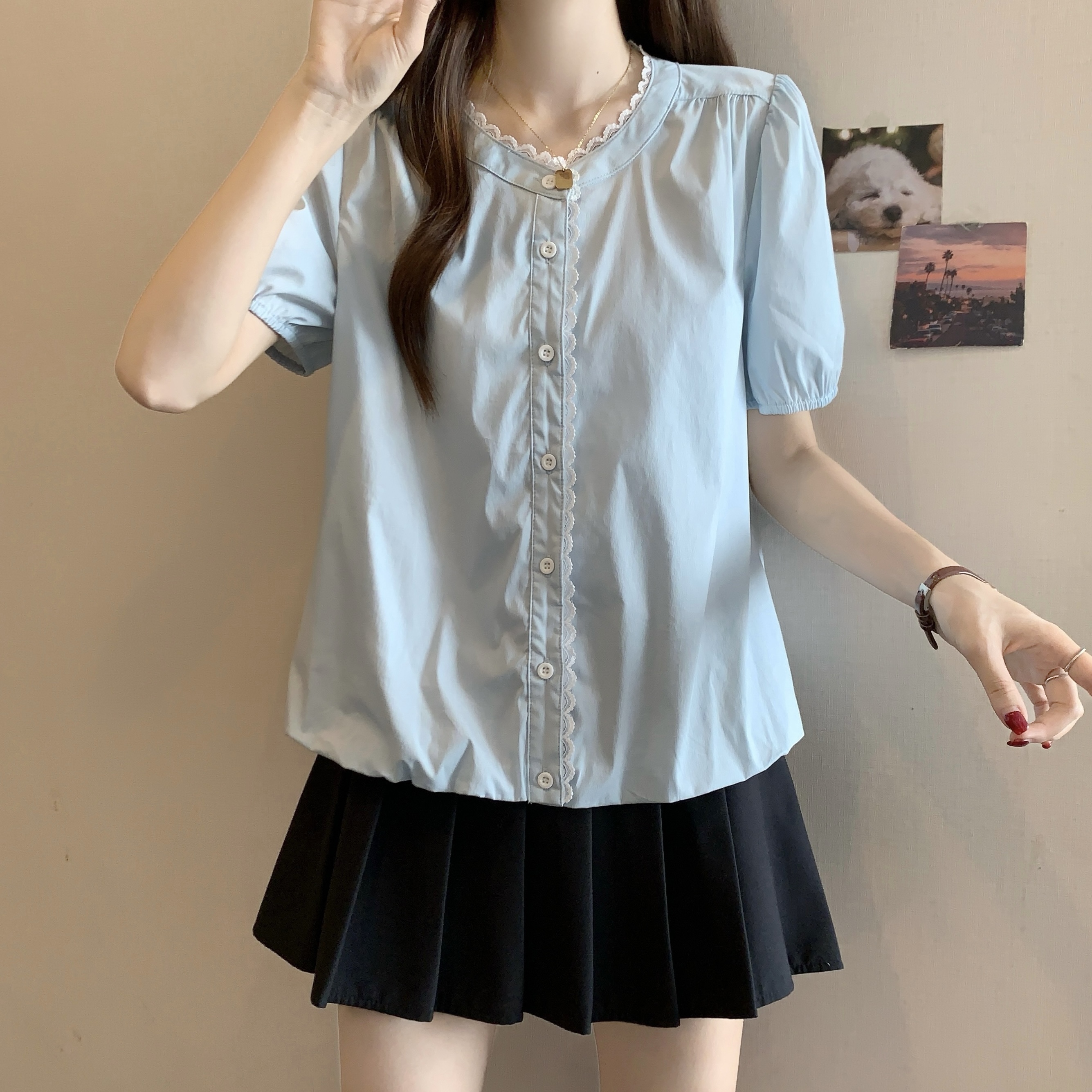 胖MM泡泡袖上衣女设计感小众夏季韩系小清新甜美可爱绝美衬衫