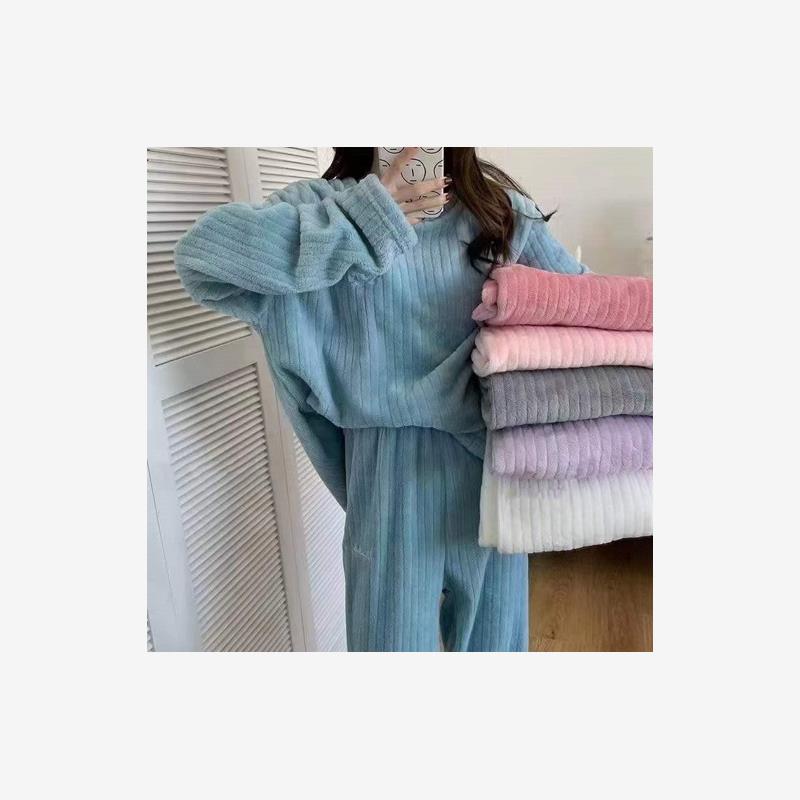 秋冬款月牙城法兰绒暖暖套装女韩版竖条纹休闲睡衣加绒加厚家居服