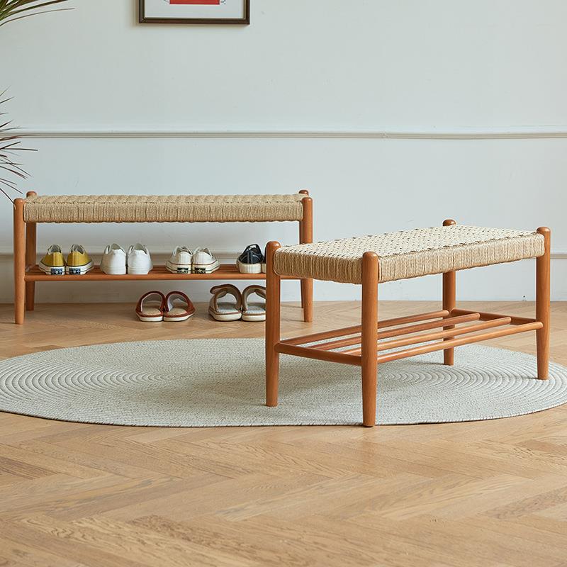 实木藤编换鞋凳长凳日式设计师复古家用民宿换鞋凳鞋架用门口入户