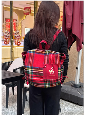 新款蛇年红色格子毛绒女背包可爱休闲旅游大容量双肩包