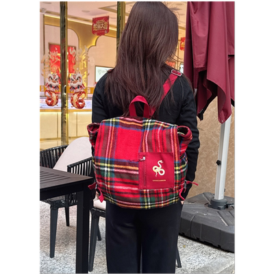 新款蛇年红色格子毛绒女背包可爱休闲旅游大容量双肩包