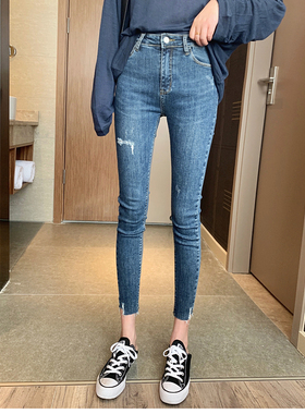 【断码清仓，概不退换】蓝色中腰牛仔裤弹力九分毛边裤破洞小脚裤