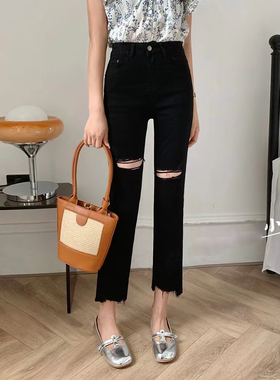 【断码清仓，概不退换】春夏薄款黑色破洞中腰9分小直筒裤烟管裤