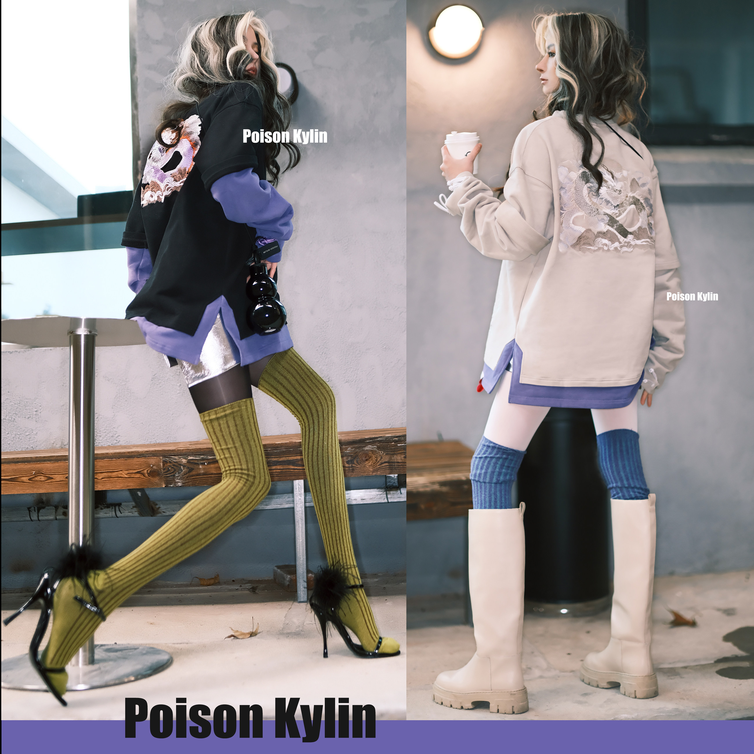 POISONKYLIN国潮刺绣纯棉男女款宽松休闲重磅加绒加厚卫衣假两件