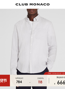 【100%亚麻】CLUB MONACO男士早秋简约经典款翻领白色长袖衬衫