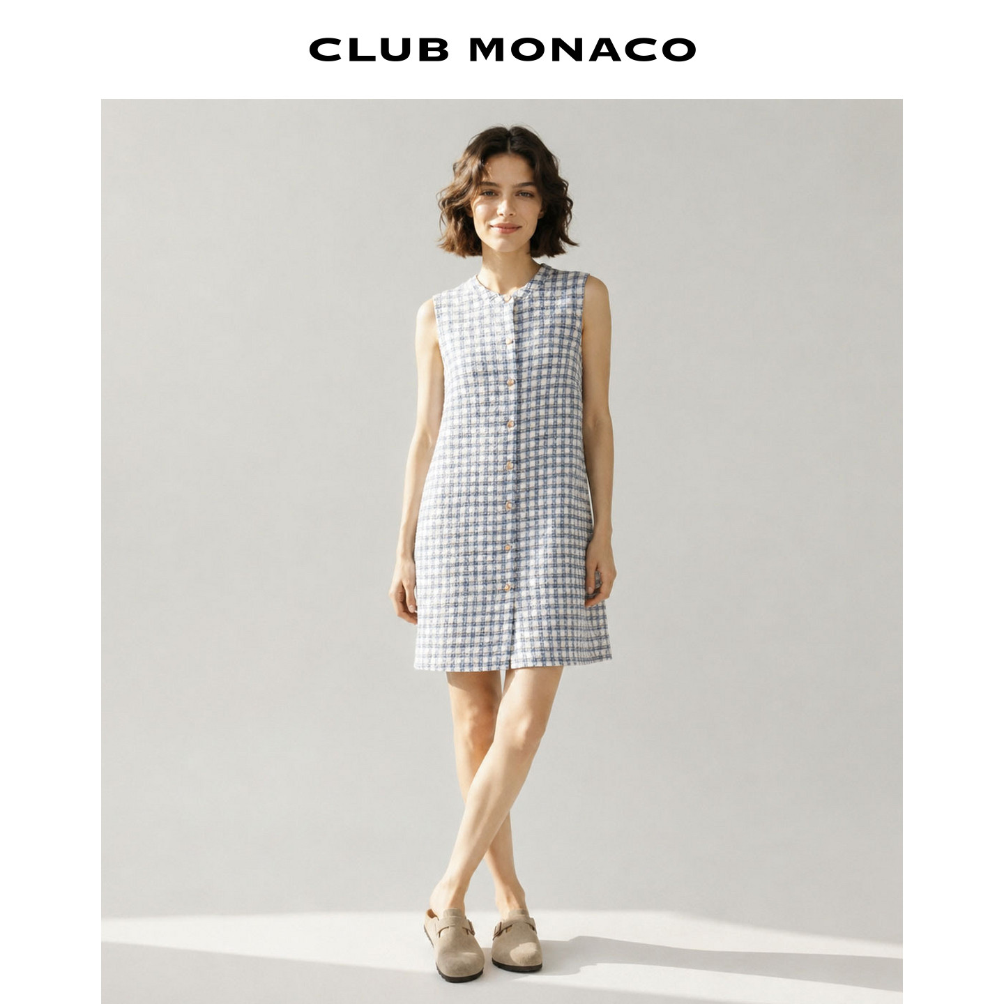 CLUB MONACO女士夏青春蓝白格纹单排扣直筒小香风无袖连衣裙