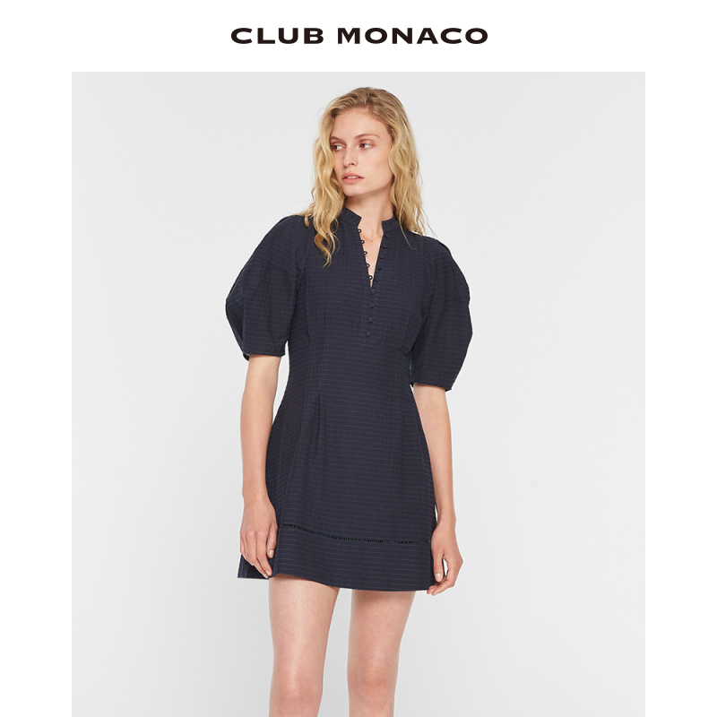 CLUB MONACO女装春夏V领气质收腰灯笼袖旗袍风连衣裙