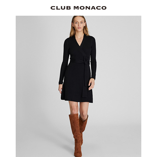 CLUB 显瘦A字黑色条纹针织连衣裙 MONACO女装 秋冬羊毛修身