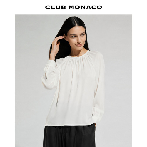 【100%桑蚕丝】CLUB MONACO女士夏轻奢简约圆领抽褶通勤百搭衬衫
