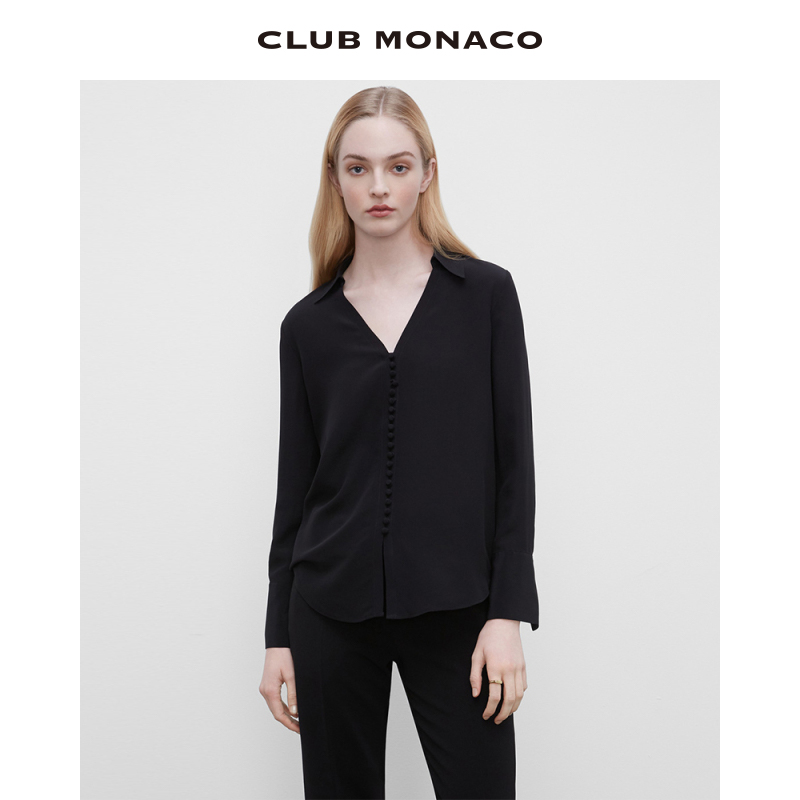 【100%桑蚕丝】品牌经典CLUB MONACO女装HELEKV领薄款长袖衬衫
