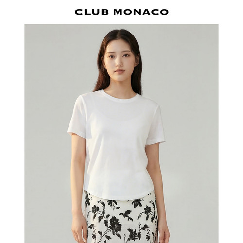 CLUB MONACO女士早春圆领短袖含汉麻上衣修身微透亲肤日常百搭T恤