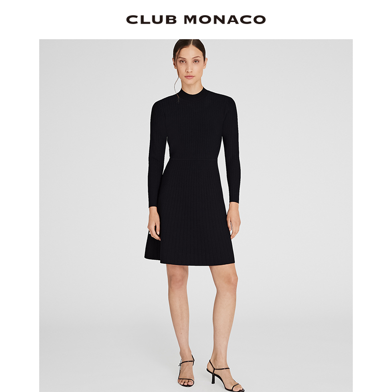 CLUB MONACO女装弹力修身坑条法式赫本风针织连衣裙小黑裙
