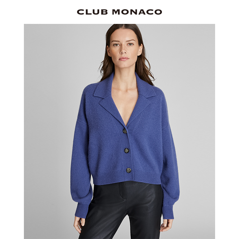 【100%山羊绒】CLUB MONACO女装秋冬西装领干练气质短款针织开衫