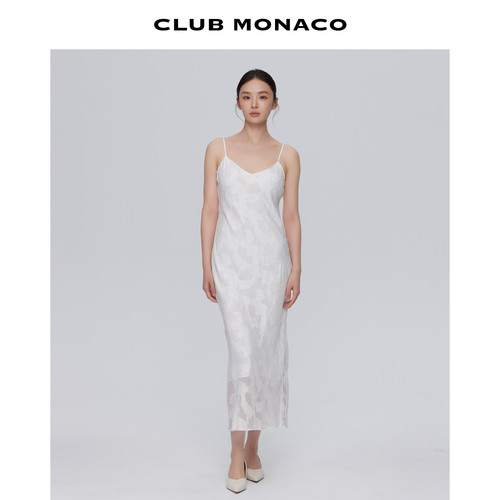 CLUB MONACO女士桑蚕丝混纺烧花法式无袖V领提花温柔吊带连衣裙