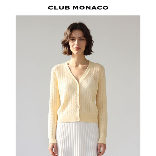 CLUB MONACO女士单排扣V领长袖针织绞花闪亮丝光天丝拼色罩衫开衫