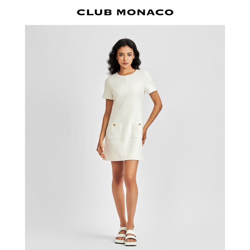 CLUB MONACO女装职场纯色气质百搭口袋短袖圆领连衣裙