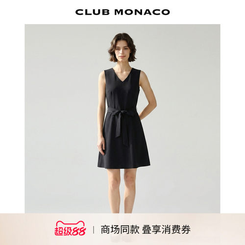 CLUB MONACO女士V领醋纤无袖系带收腰连衣裙A字裙通勤风裙