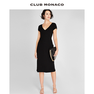 CLUB MONACO女装V领竖坑条收腰性感法式轻熟风短袖针织连衣裙