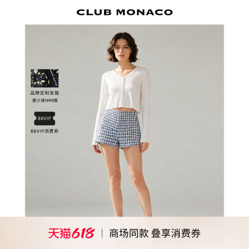 CLUB MONACO女士高腰格纹粗花呢短裤简约版型通勤休闲百搭裤