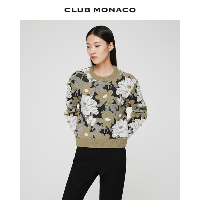 CLUB MONACO女装羊毛混纺满版提花时尚圆领套头衫毛衣
