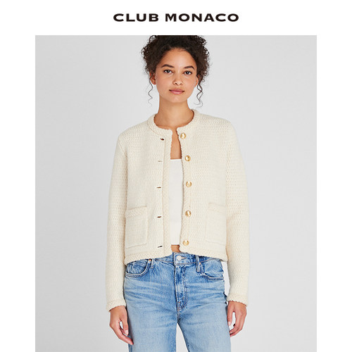 CLUB MONACO羊毛混纺女装毛呢混色编织优雅小香风针织短外套