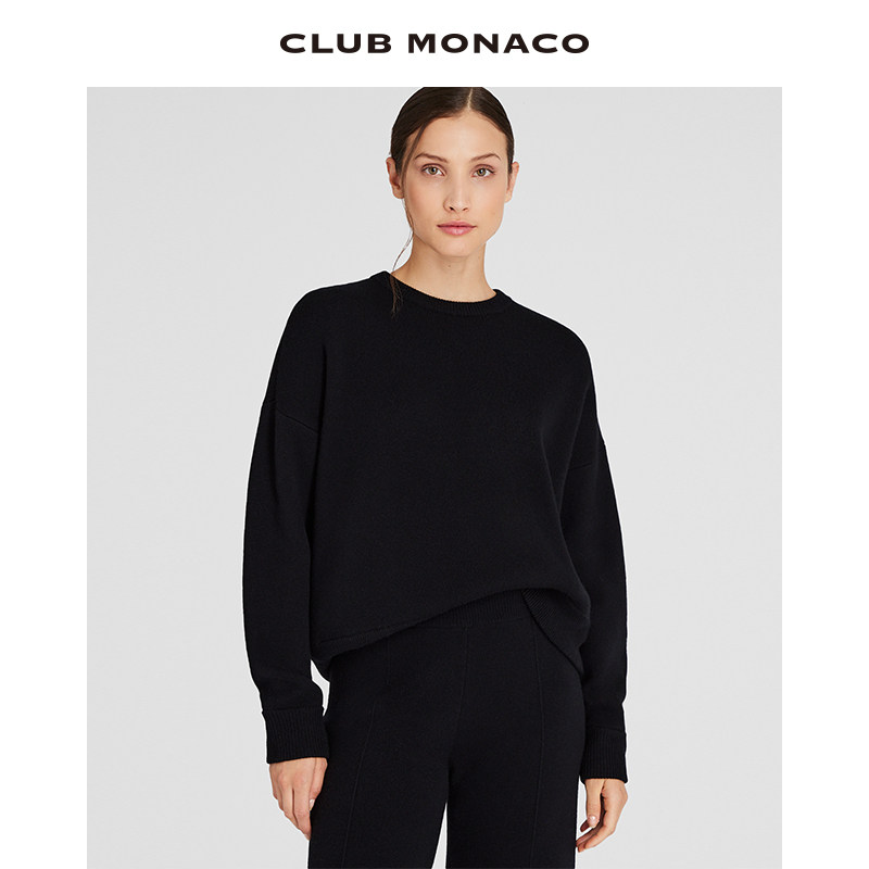 CLUB MONACO女装山羊绒羊毛混纺圆领落肩慵懒休闲毛衣