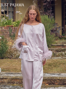 Not Just Pajama VEGA织女星系列22姆米真丝烫钻羽毛长袖睡衣套装