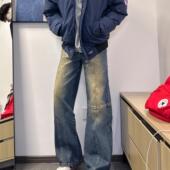 设计感高街男女做旧复古直筒裤 BUGU美式 水洗蓝条纹解构牛仔裤 子