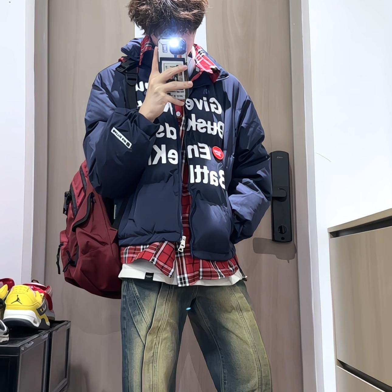 BUGU美式潮流假两件格子棉服国潮立领男女秋冬宽松短款加厚外套