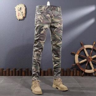 休闲长裤 秋冬季 潮流弹力修身 男韩版 潮牌 水洗机车拼接迷彩牛仔裤