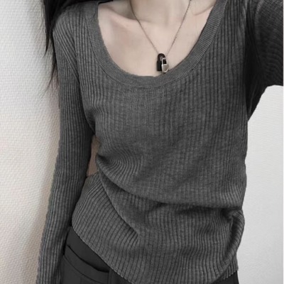 u领打底衫女春秋大码女装内搭软糯毛衣慵懒风显瘦针织衫外穿上衣