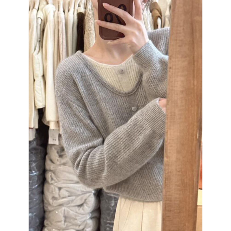 软糯奶fufu假两件针织衫女秋冬大码女装胖mm200斤穿搭浣熊绒毛衣