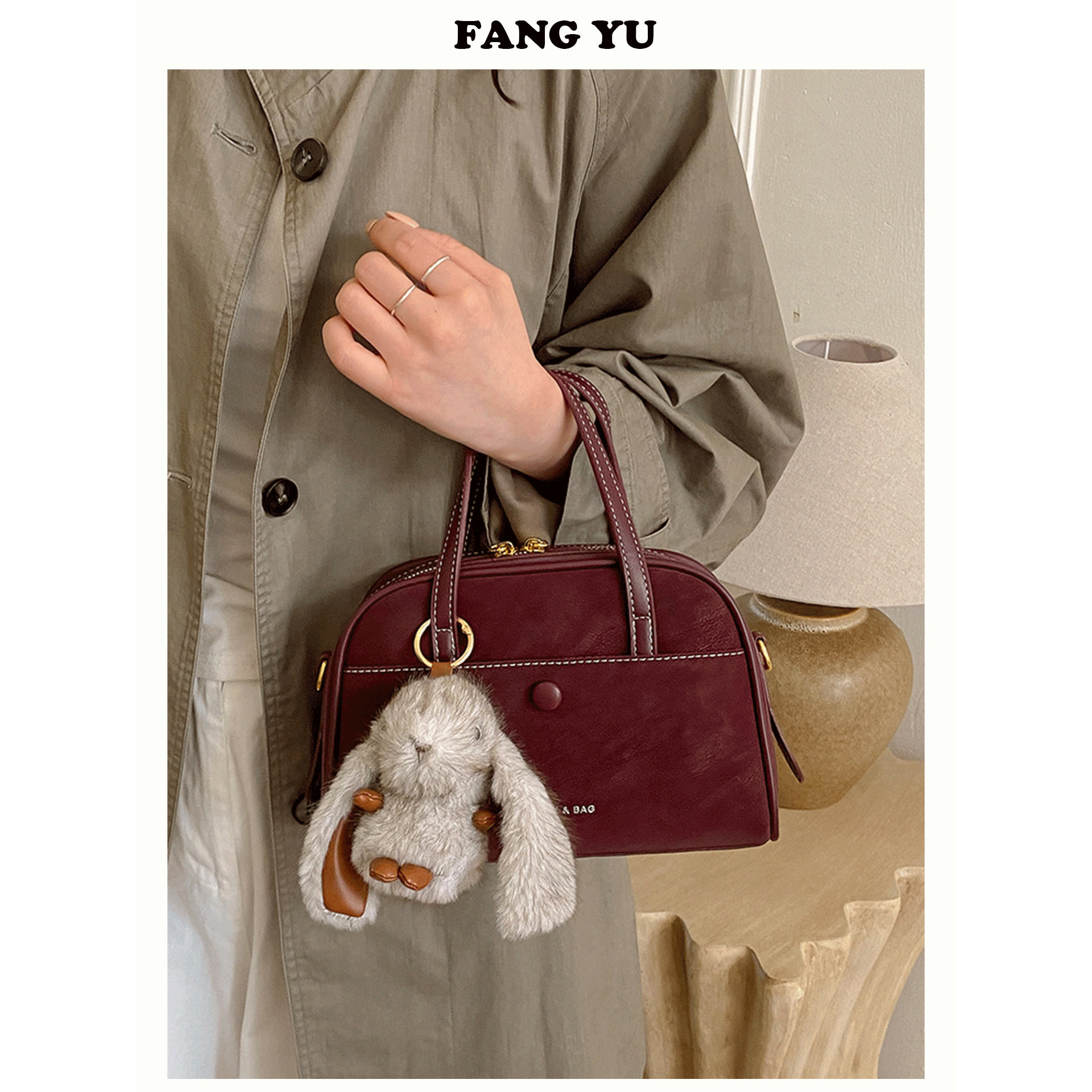 方隅红色复古通勤手提包包女式2025新款韩版时尚单肩斜挎保龄球包