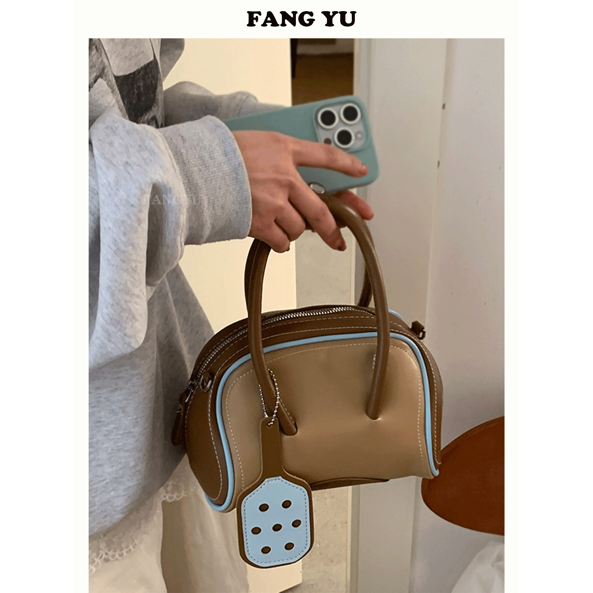 方隅卡其色手提波士顿包包女式2025新款小众拼接撞色高级感斜挎包