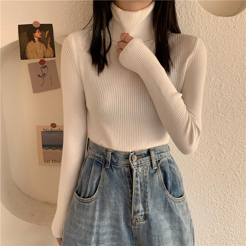 여성용 터틀넥 스웨터 2024 봄 가을 새로운 세련된 옷깃 이너웨어 틈새 슬리밍 긴팔 니트 탑